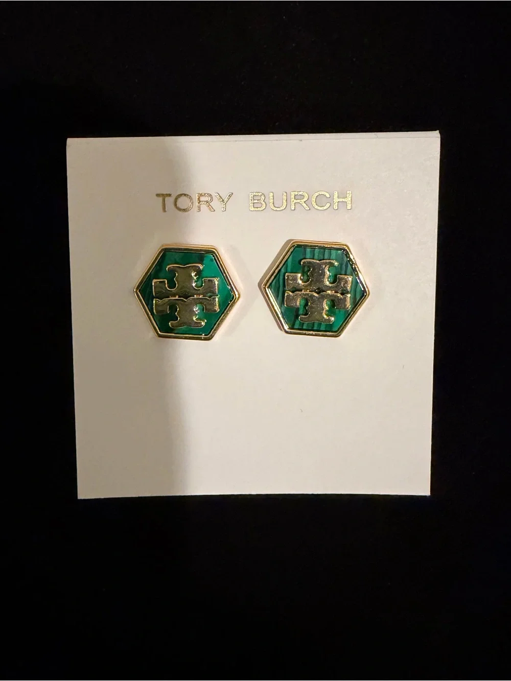 Tory Burch Green and Gold Hexagon Logo Stud Earrings